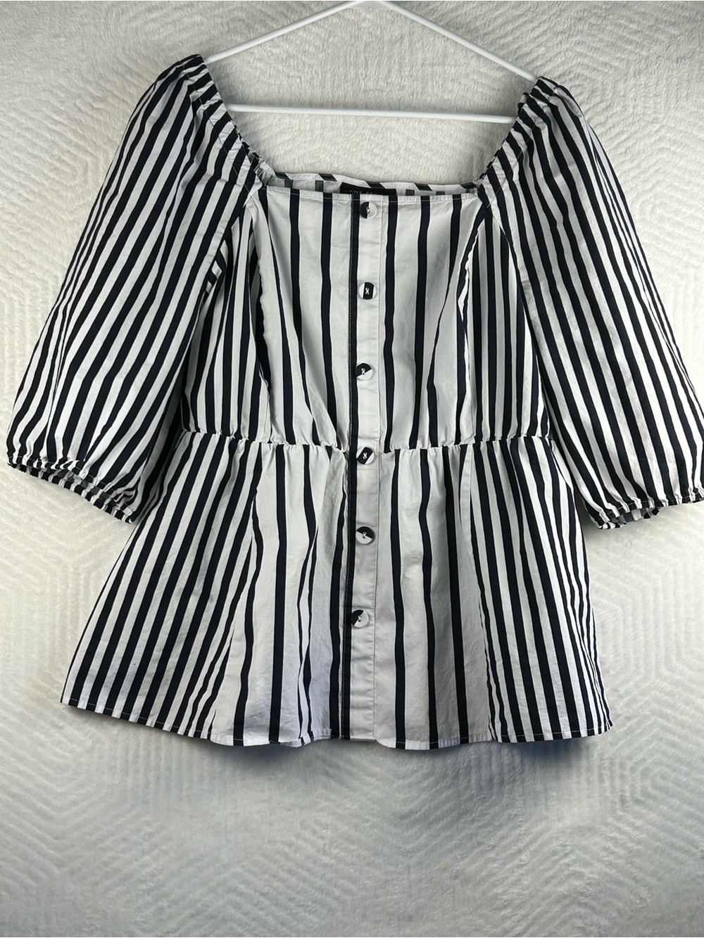 Lane Bryant Black & White Striped Button-Front Peplum Top